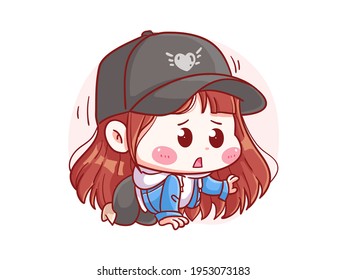 Cute and kawaii Stylish Girl Crawl With Scared Expression manga chibi Illustration