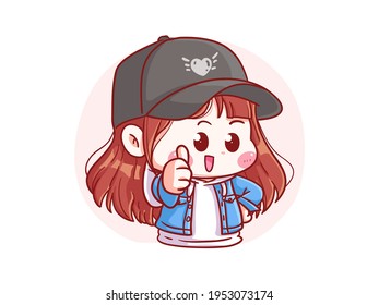 Cute and kawaii Stylish Girl Give Thumb Up Sign manga chibi Illustration