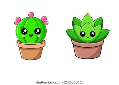 Cute kawaii succulent and cacti plant in flower pot