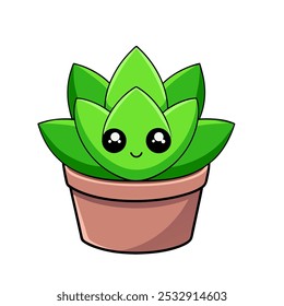 Cute kawaii succulent plant in flower pot. Vector