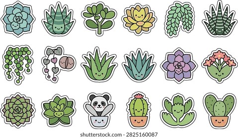 Cute kawaii succulent sticker bundle featuring echeveria, aloe, jade plant, haworthia, string of pearls, hanging succulents, rosette plants, clustered succulents, decorative aloe, potted cactus, and other charming botanical plants. Clean flat vector illustrations with bold outlines, simple cute expressions, rounded shapes, white die-cut borders, and isolated objects on a pure white background. Ideal for stickers, stationery, planners, gardening projects, plant-themed artwork, educational materials, printable designs, and commercial creative work.