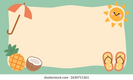 Cute kawaii summer background template with happy sun, umbrella, coconut, and pineapple in pastel earthy tones. Perfect for summer cards, kids design, tropical party invites, or social posts.