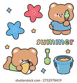 Cute Kawaii Summer Bear Beach Doodle Illustration Set:Beach ball, small shovel, sand bucket, ice cream, starfish