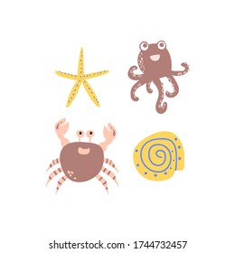 cute kawaii summer characters collection crab starfish octopus