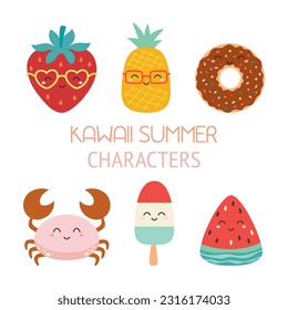 cute kawaii summer clipart set, cartoon characters of summer and beach related items, vector illustration of pineapple, ice cream, watermelon, crab, donut and strawberry isolated on white background