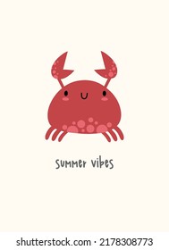 Cute Kawaii Summer Crab Card. Kids Cartoon Character Vector Illustration