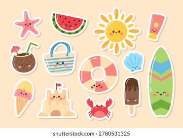 Cute kawaii summer elements sticker set. Vector illustration