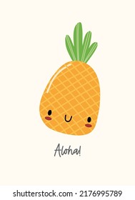 Cute kawaii summer fruit pineapple card. Kids cartoon character vector illustration