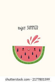 Cute kawaii summer fruit wateremlon card. Kids cartoon character vector illustration