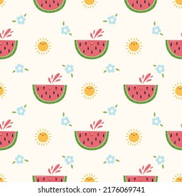 Cute kawaii summer fruit watermelon seamless pattern. Kids cartoon character vector illustration