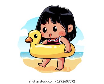 Cute and kawaii Summer Girl is happy and walk with her duck buoy, Chibi Illustration