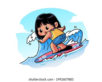 Cute and kawaii Summer Girl is riding the wave on her surfboard, Chibi Illustration