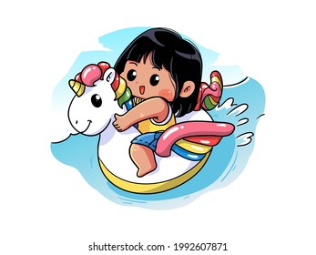 Cute and kawaii Summer Girl is sit and swim on unicorn buoy, Chibi Illustration
