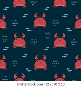 Cute kawaii summer marine animals crab seamless pattern. Kids cartoon character vector illustration