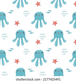 Cute kawaii summer marine animals seamless pattern. Kids cartoon character vector illustration