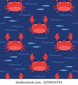 Cute kawaii summer sea animals crab and fish seamless pattern. Vector illustration of kids cartoon characters. Design element for cards, posters, banners, summer design for print, design for fabric