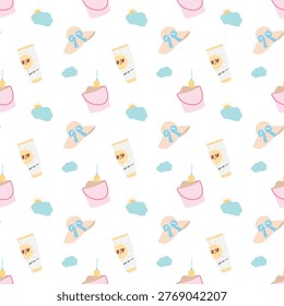 Cute kawaii summer seamless pattern featuring SPF 50 sunscreen tube with sun character, straw sun hat with blue bow, pink beach bucket, and blue cloud on white background. Pastel color flat design vector illustration, perfect for summer skincare branding, fabric print, wallpaper, wrapping paper, scrapbook, stationery, digital paper, and textile surface design.