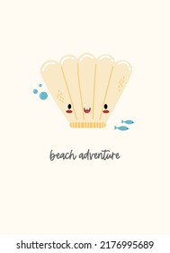 Cute kawaii tarjeta de concha de verano. Ilustración vectorial de caricatura infantil