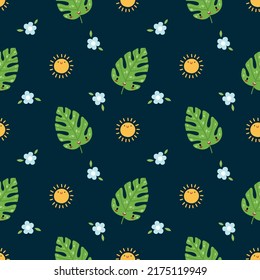 Cute kawaii summer tropical leaf seamless pattern. Kids cartoon character vector illustration