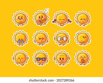 Cute and Kawaii Sun Character Sticker Illustration Set With Various Activity and Happy Expression for mascot badge