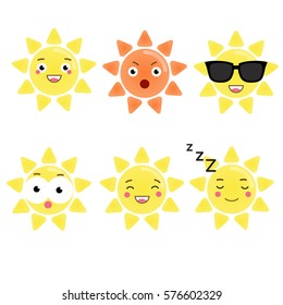 Cute kawaii sun character. Vector emoji, emoticons, expression icons. Isolated design elements, stickers for chats