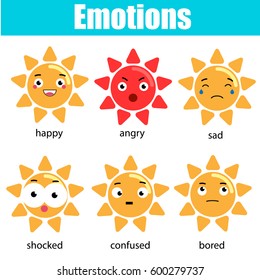 Cute kawaii sun character. Vector emoji, emoticons, expression icons. Isolated design elements, stickers. Educational infographic for children