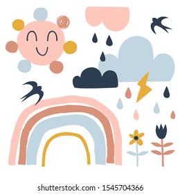 Cute kawaii sun, cloud, colorful stripy rainbow, droplets, lightning, flowers, little bird isolated elements. Scandinavian paper cut style childish weather illustrations set in vector. Nursery poster