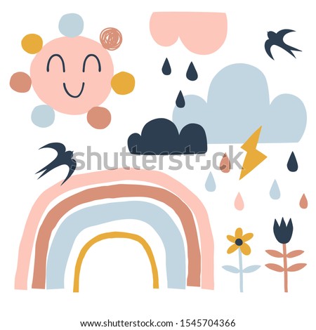 Cute kawaii sun, cloud, colorful stripy rainbow, droplets, lightning, flowers, little bird isolated elements. Scandinavian paper cut style childish weather illustrations set in vector. Nursery poster