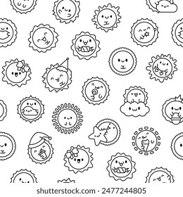 Cute kawaii sun with face. Seamless pattern. Coloring Page. Cartoon smiling characters. Hand drawn style. Vector drawing. Design ornaments.