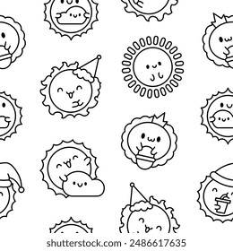 Cute kawaii sun with face. Seamless pattern. Coloring Page. Cartoon smiling characters. Hand drawn style. Vector drawing. Design ornaments.