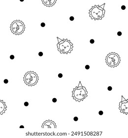 Cute kawaii sun with face. Seamless pattern. Coloring Page. Cartoon smiling characters. Hand drawn style. Vector drawing. Design ornaments.