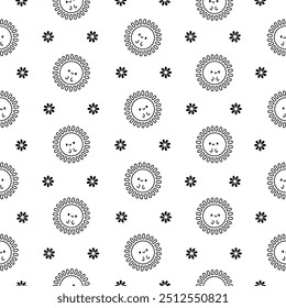 Cute kawaii sun with face. Seamless pattern. Coloring Page. Cartoon smiling characters. Hand drawn style. Vector drawing. Design ornaments.