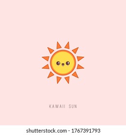 Cute Kawaii Sun with happy Face emotion. Minimalistic outline Icon. Colorful Vector illustration. Japanese manga style. Cartoon character. Sun is isolated on pink background. Logo, print idea