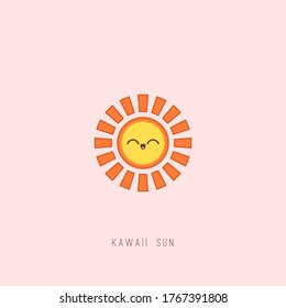 Cute Kawaii Sun with happy Face emotion. Minimalistic outline Icon. Colorful Vector illustration. Japanese manga style. Cartoon character. Sun is isolated on pink background. Logo, print idea