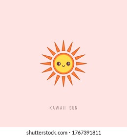 Cute Kawaii Sun with happy Face emotion. Minimalistic outline Icon. Colorful Vector illustration. Japanese manga style. Cartoon character. Sun is isolated on pink background. Logo, print idea