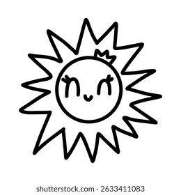 Cute kawaii sun with a happy face, eyelashes, and crown. Hand-drawn doodle style in black line. Perfect for kids designs, coloring pages, nursery art, summer themes, stickers, and prints. Vector art