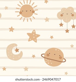 Cute kawaii sun, moon, clouds, hand drawn scandinavian beige neutral for boy and girl seamless patern background