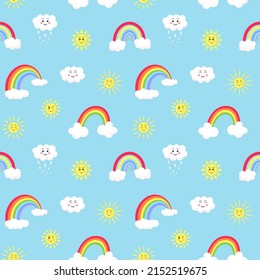 Cute kawaii suns, clouds and rainbows seamless pattern. Illustration for children's room design, wallpaper, textiles, fabric, packaging paper.