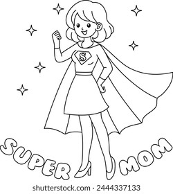 Nette kawaii supermom Mütter Tag Cartoon Charakter Färbung Seite Vektorillustration	
