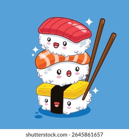 Cute kawaii sushi cartoon character vector illustration