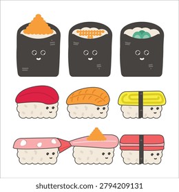 Cute Kawaii Sushi Collection Vector Set with Nigiri, Ebi Shrimp Sushi, Tobiko Sushi and Gunkan Rolls Cartoon Food Characters