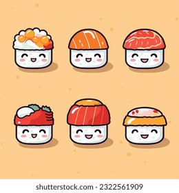 Cute and kawaii sushi roll illustration set cartoon style