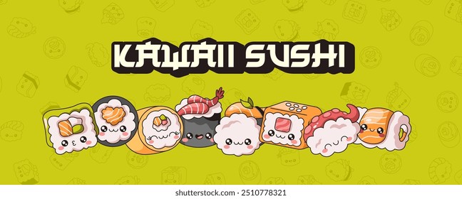 O sushi Kawaii bonito rola os caracteres definem o design do banner do vetor da cor. Modelo de publicidade tradicional asiático delicadeza restaurante composição cartoon