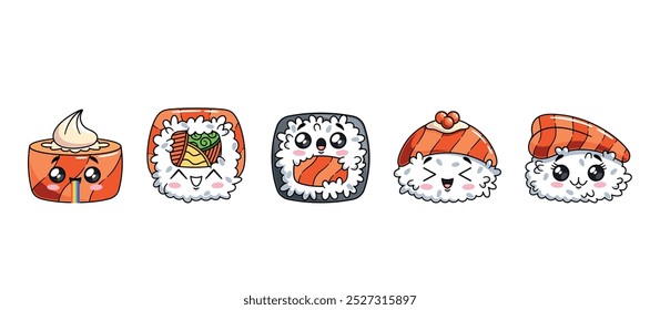 Cute Kawaii Sushi And Rolls Characters Showcasing Adorable Expressions And Vibrant Colors. Cartoon Japan Food