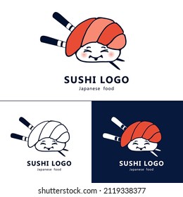 Cute kawaii Sushi, rolls, nigiri. Vector logo, corporate identity of the restaurant, sushi bar, menu. Japanese food with emotions, cartoon style. All elements are isolated