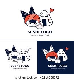 Cute kawaii Sushi, rolls, nigiri. Vector logo, corporate identity of the restaurant, sushi bar, menu. Japanese food with emotions, cartoon style. All elements are isolated