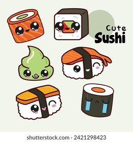 Cute Kawaii Sushi Set Vector Illustration. Good for Doodles and Other Graphic Assets