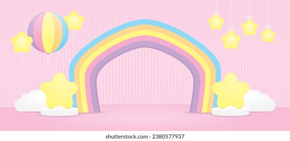 cute kawaii sweet colorful pastel house shape rainbow arch with stars and balloon on pink wall and floor background 3d illustration vector for putting object or product