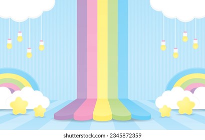 cute kawaii sweet colorful rainbow with cloud backdrop display stage on pastel blue floor and wall 3d illustration vector for putting product or object