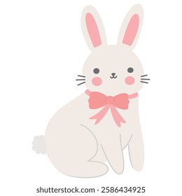 Cute kawaii sweet Easter bunny rabbit with pink ribbon bow simple vector illustration isolated on white background